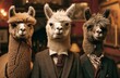 Three llamas dressed in suits and glasses posing humorously against a blue brick wall background.