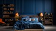 Home mockup, cozy dark blue bedroom interior background.
