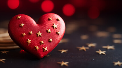 Wall Mural - Cookies in the form of a glazed red heart on a blurred background. Valentine's Day theme.