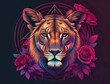 Junger Löwen Kopf in der Front Ansicht umgeben von roten Rosen