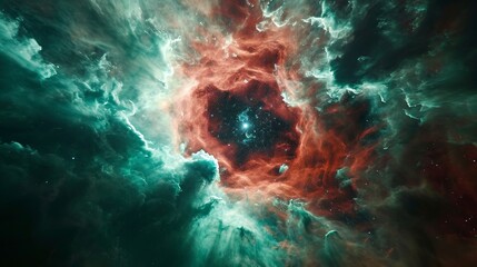 The ring nebula in space, in the style of turquoise and orange