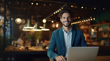 A businessman works on laptop, does data analysis and creative designer, Looks at Camera and Smiles. E-Commerce startup project.