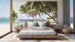Home mockup, bedroom interior background with rattan furniture and blank wall, Coastal style.