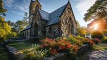 Old Stone Church With A Beautiful Garden