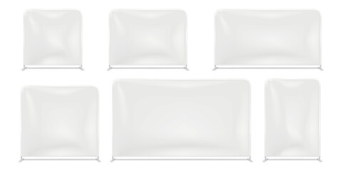 Floor tension fabric display stand on metal frame vector mockup set. White blank barricade advertising graphic cover, event barrier banner mock-up kit