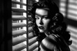 © Lorne Thomson - Monochrome film noir portrait of a young attractive femme fatale with long dark hair standing next to window blinds