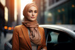 Portrait d'une jeune femme active d'origine musulmane portant un hijab marron comme son costume, femme partant au travail dans une grande ville
