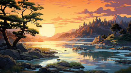 Wall Mural - fantasy landscape with lake and mountains at sunset, digital illustration style