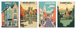 Vintage Travel Posters Set: Saltburn-By-The-Sea, Yorkshire, Chartwell, Kent, Sevenoaks, Kent, Hever Castle, England - Vector Art for Famous Tourist Destinations