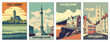 Vintage Travel Posters Set: Holy Island, Northumberland, Canterbury, England, Woolacombe, Devon, Trafalgar Square, London - Vector Art for Famous Tourist Destinations