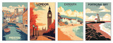 Fototapeta Londyn - Vintage Travel Posters Set: Padstow, Cornwall, Porthcawl Bay, Wales, Exmouth, Devon, London, England - Vector Art for Famous Tourist Destinations