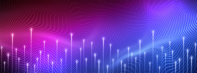 Fototapete - Abstract waving particle technology background with lines and lighting effect. Tech cyberspace, high tech, Big data visualization. Background for brochures, flyers, business card, banner. Vector EPS10