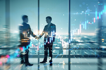 Poster - Young businessmen shaking hands while standing on blurry night city background through window with forex chart. Partnership and trade concept. Double exposure.
