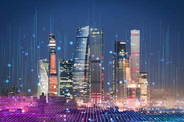 Poster - Bright glowing purple night city texture with digital data lines all over. Smart city, VR, AI and innovation concept. Double exposure.