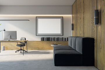 Aufkleber - Modern light office interior with furniture and empty white mock up banner. 3D Rendering.
