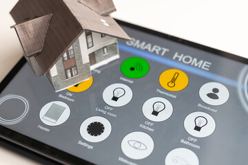 Poster - Small house model is on screen tablet and icons home electronics devices connecting with wireless. Smart home controlled and Automation system technology of things.