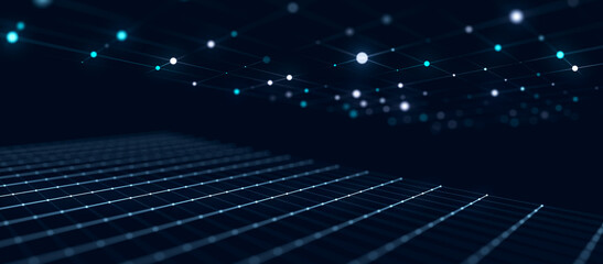 Poster - Abstract blue futuristic background. Technological wave of information data flow. 3D rendering.