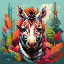 A Colorful Head Of A Zebra Surrounded By A Colorful Abstract Design, Leaves And Forest.