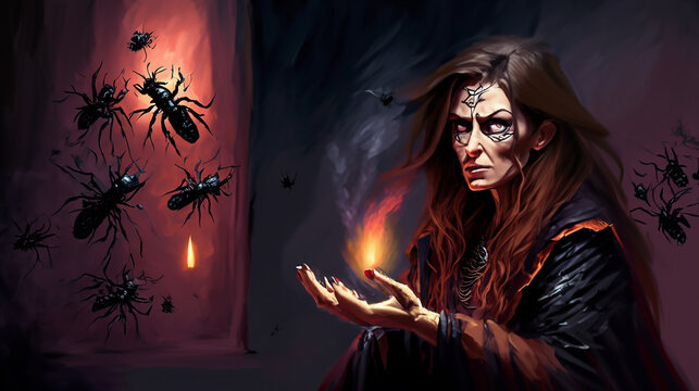 evil sorcerer casting a spell to release the black insects from his hands, digital art style, illustration painting