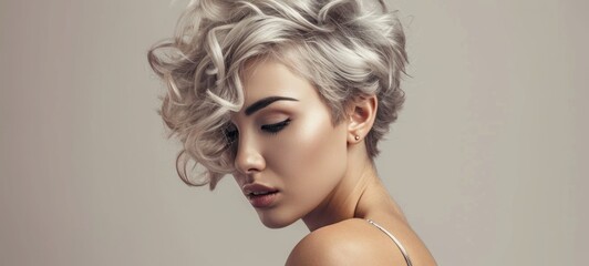 Wall Mural - Close-up profile portrait of a young Caucasian woman with short hair dyed grey. Attractive female model with trendy hairstyle and perfect makeup. Isolated on grey background.