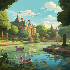 Poster - A city park with a pond and ducks swimming.