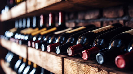 A variety of wine bottles lie horizontally on wooden shelves in the basement. Winery concept. Generative AI