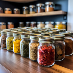 Canvas Print - A colorful array of spices in small jars in a kitchen.