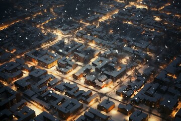 Wall Mural - Top view of the fabulous city of the future during the snowfall on Christmas night.