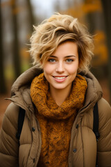 Poster - Woman with blonde hair and brown jacket smiling.