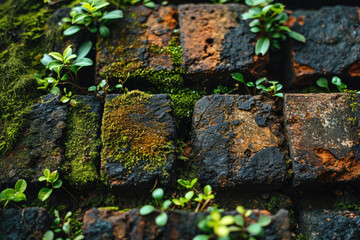 Old bricks overgrown with moss and plants