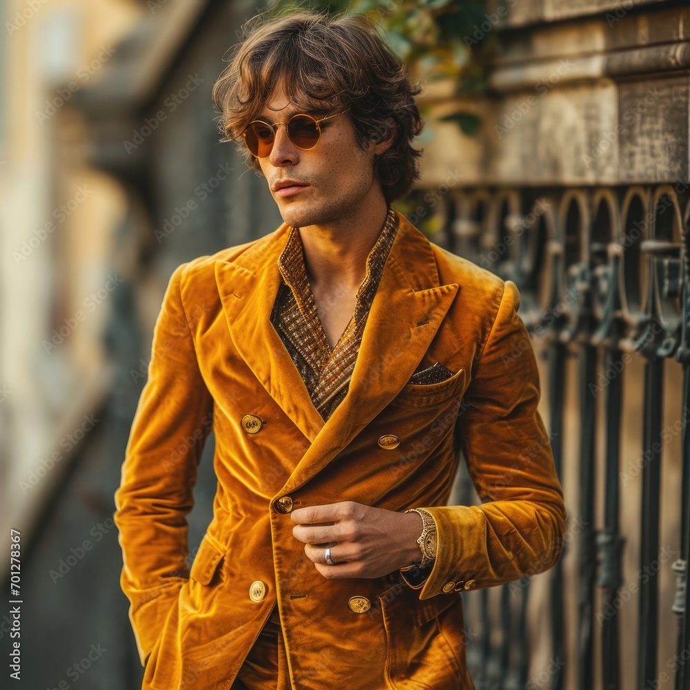 Nostalgic vibes: people embracing the eclectic fashion of the 1970s, a journey back in time through groovy styles, disco glamour, and free-spirited bohemian expressions.