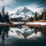 Fototapeta Na ścianę - A serene mountain lake reflecting a snow-capped peak.