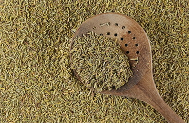 Dry chopped rosemary leaves in wooden spoon, background and texture, Rosmarinus salvia	