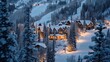 Winter in the Swiss Alps, Switzerland. Wooden houses, hotels on mountain slopes among snowy fir trees in the evening