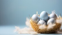 Happy Easter Decoration: Blue Colour Eggs In Basket With White Feathers On Pastel Blue Background With Copy Space. Modern Template, Horizontal Photo, Banner.