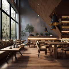 Wall Mural - A stylish coffee shop with cozy seating and warm lighting.