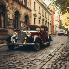 Poster - a vintage car parked on a cobblestone street.