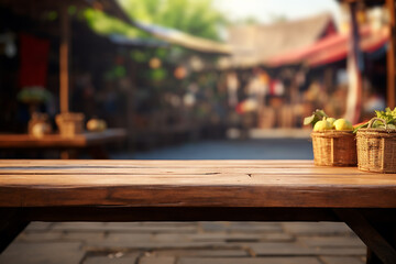 empty wooden table with blur tree