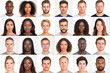 Global People diversity Collage Portraits, Each person close up shot in a flat squares background, portraits of multicultural people, Collage Showcasing the Many Faces and Stories of Males and Females