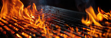 Empty Flaming Grill Grates With Open Fire, Ready For Product Placement. Background For Grilled Food With Fire.