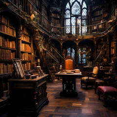 Poster - An old bookshop with shelves filled with antique books.