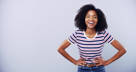 Wall Mural - Happy, face and black woman with hand pointing in studio for news, announcement or info on grey background. Smile, portrait and African model show review, feedback or platform, opportunity or offer