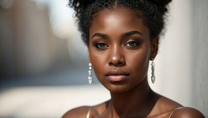 A young Black woman with detailed eye makeup and earrings, her gaze reflecting confidence against a sunlit backdrop