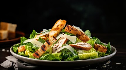 Wall Mural - Traditional healthy grilled chicken caesar salad with cheese, tomatoes, and croutons on wooden table over black background. Serving fancy food in a restaurant.