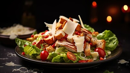 Wall Mural - Traditional healthy grilled chicken caesar salad with cheese, tomatoes, and croutons on wooden table over black background. Serving fancy food in a restaurant.