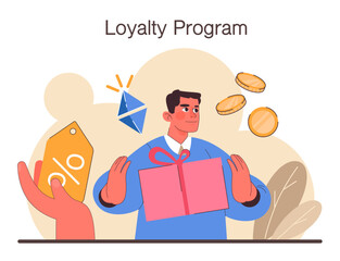 Sticker - Loyalty program. Commercial program for client retention. PR campaign for customer loyalty. Marketing promotion. Flat vector illustration