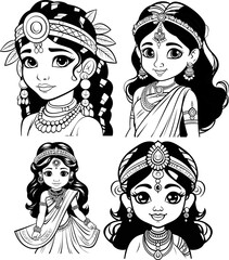 Sticker - Beatiful Indian girl vector image, coloring page 