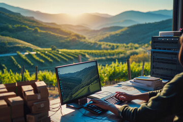 person using a computer to manage inventory in a warehouse, with a scenic view of a valley from a mountaintop