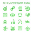 Essential Home Workout Icons set. Symbols represent key fitness elements like weights, heart rate, hydration, and active footwear. Essentials for a home-based exercise routine. Flat vector icons.