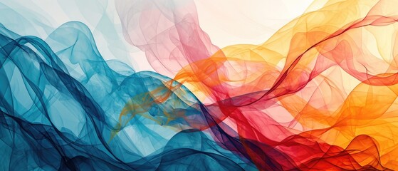 Wall Mural - Flowing abstract of smoke-like waves transitioning from cool blue to warm orange tones.